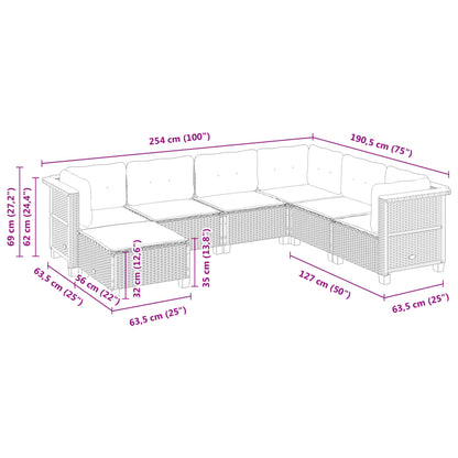 7 pcs conjunto de sofás p/ jardim c/ almofadões vime PE preto