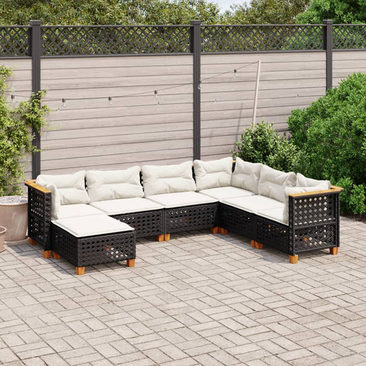 7 pcs conjunto de sofás p/ jardim c/ almofadões vime PE preto