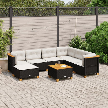 8 pcs conjunto sofás de jardim com almofadões vime PE preto