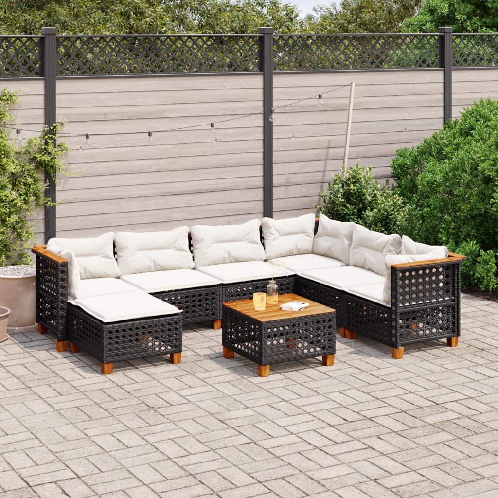 8 pcs conjunto sofás de jardim com almofadões vime PE preto