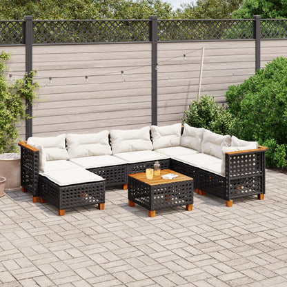 8 pcs conjunto sofás de jardim com almofadões vime PE preto