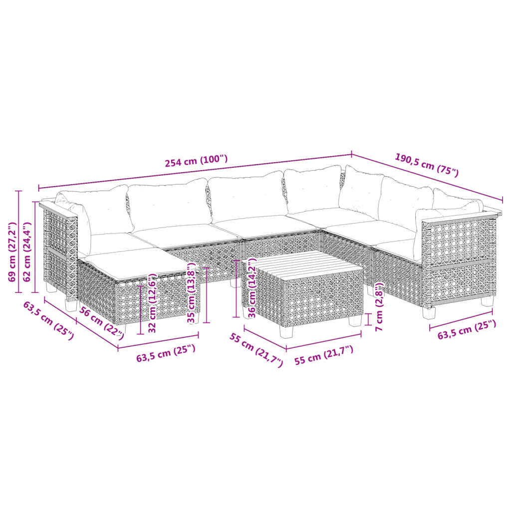 8 pcs conjunto sofás de jardim c/ almofadões vime PE cinzento