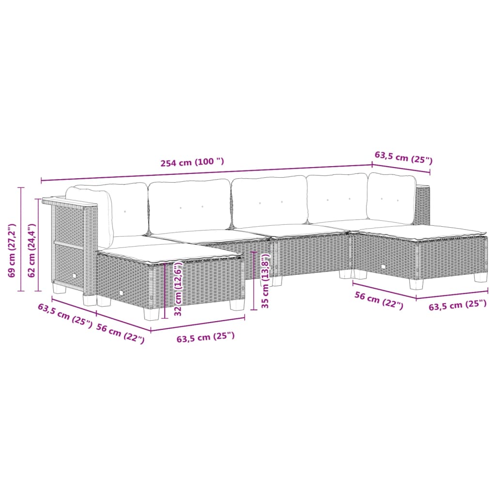 6 pcs conjunto sofás de jardim c/ almofadões vime PE preto