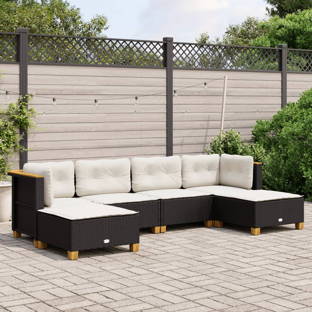 6 pcs conjunto sofás de jardim c/ almofadões vime PE preto