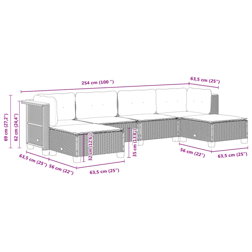 6 pcs conjunto sofás de jardim com almofadões vime cinzento