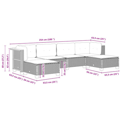 6 pcs conjunto sofás de jardim com almofadões vime cinzento