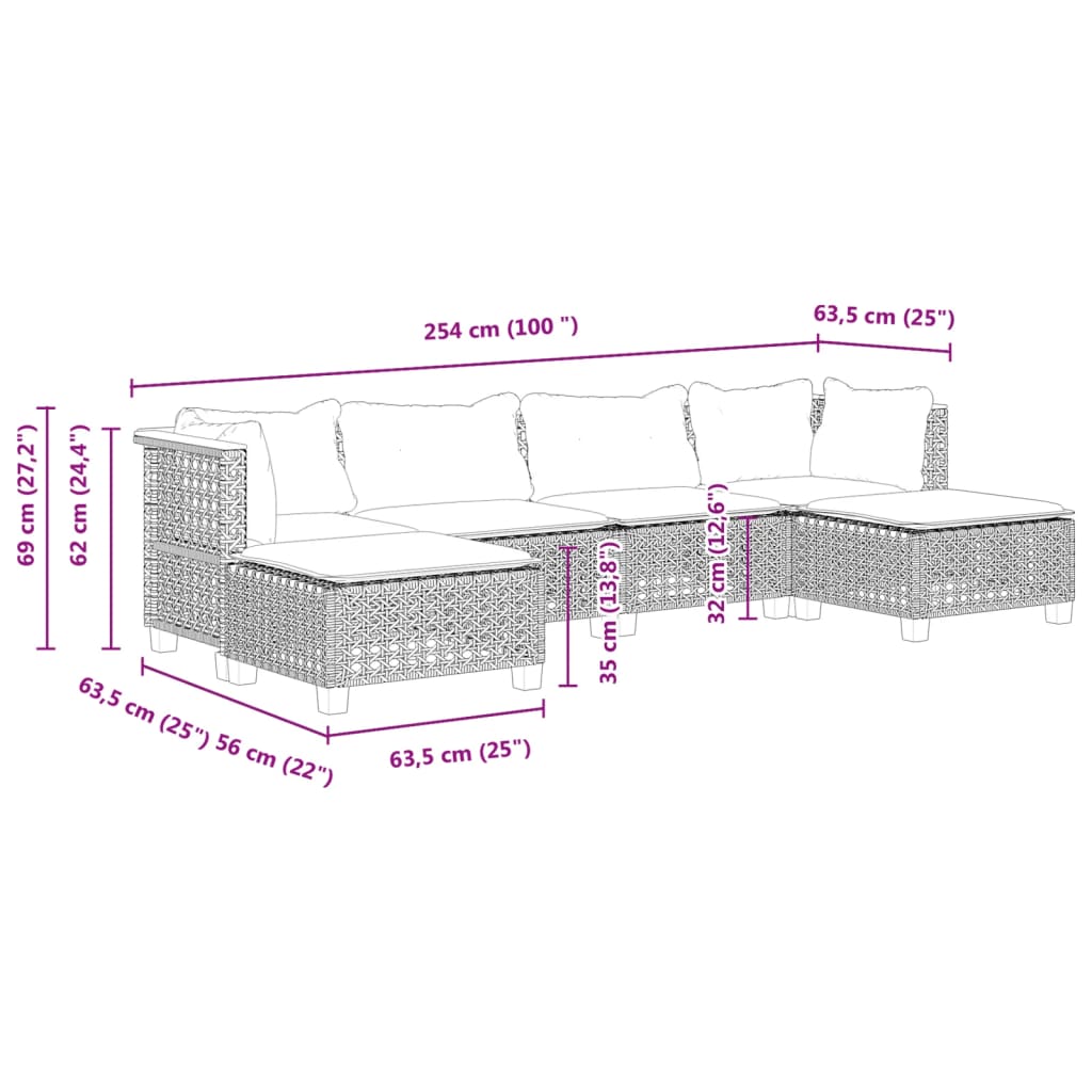 6 pcs conjunto sofás de jardim c/ almofadões vime PE preto