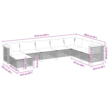 8 pcs conjunto sofás de jardim com almofadões vime PE preto