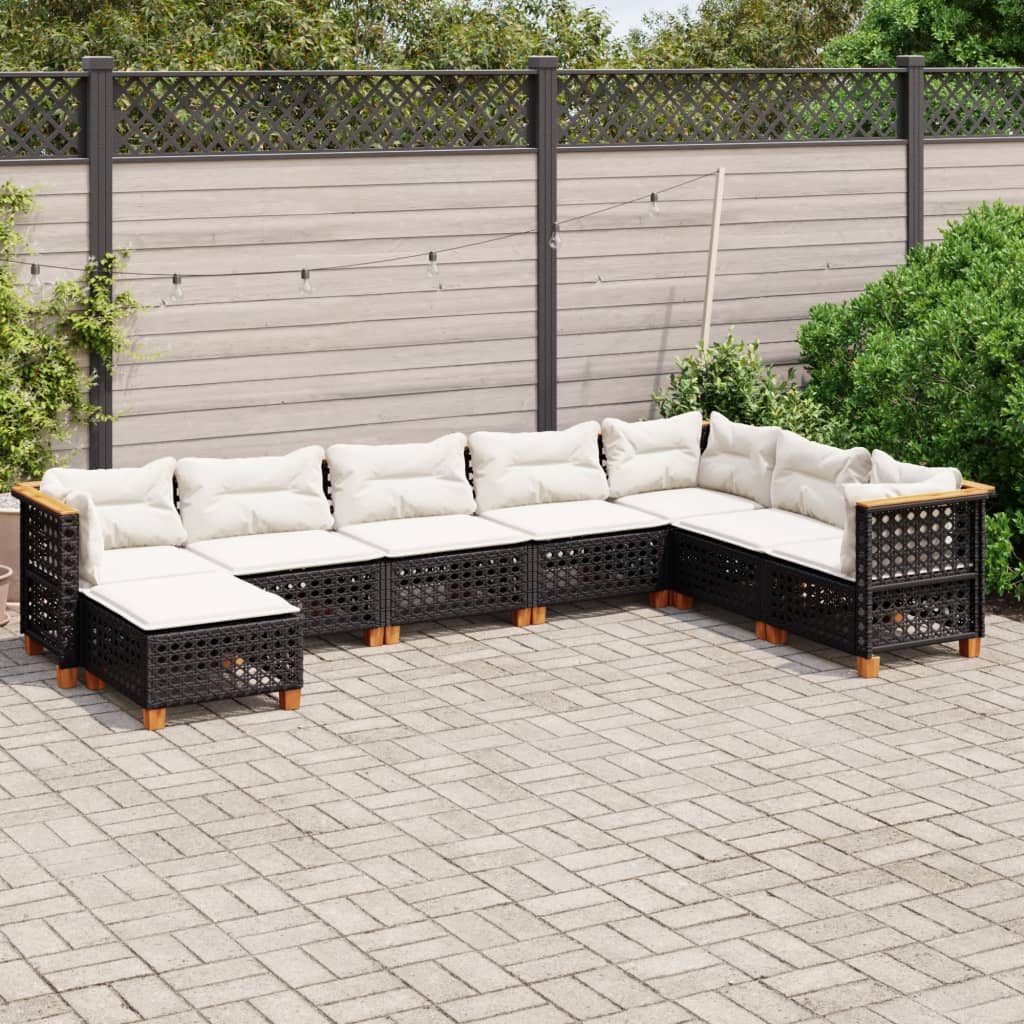 8 pcs conjunto sofás de jardim com almofadões vime PE preto