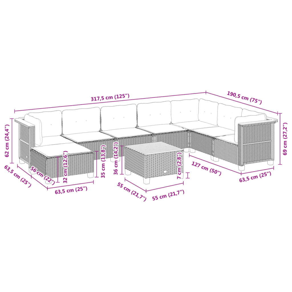 9 pcs conjunto de sofás p/ jardim c/ almofadões vime PE preto