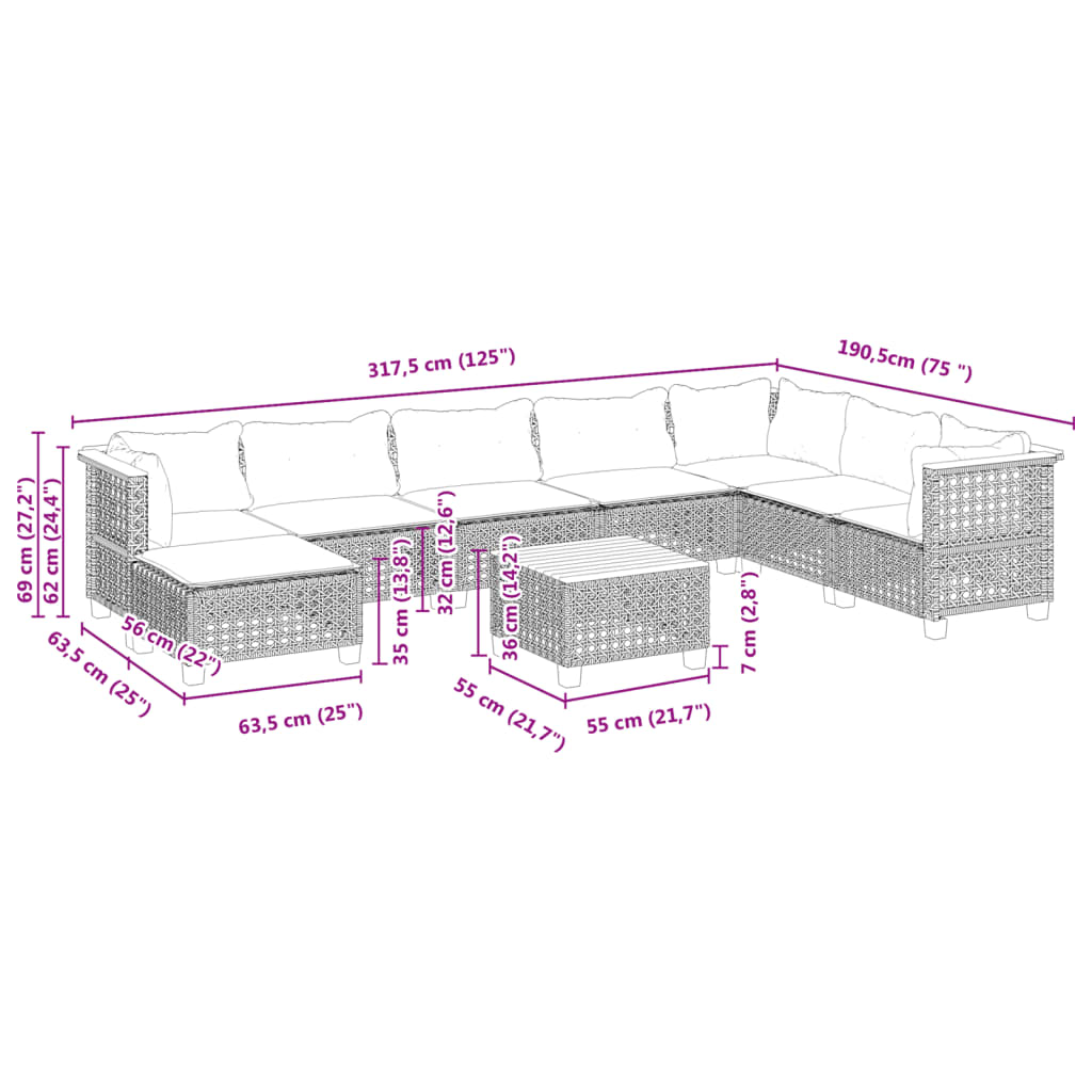 9 pcs conjunto de sofás p/ jardim c/ almofadões vime PE preto