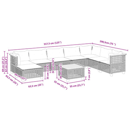 9 pcs conjunto de sofás p/ jardim c/ almofadões vime PE preto