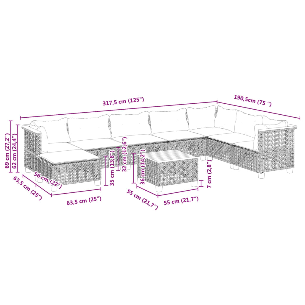 9 pcs conjunto sofás p/ jardim com almofadões vime PE cinzento