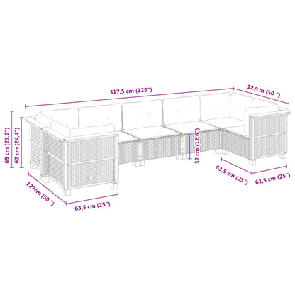 7 pcs conjunto de sofás p/ jardim c/ almofadões vime PE preto