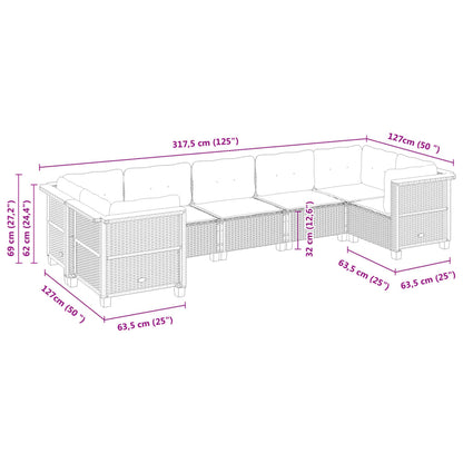 7 pcs conjunto sofás p/ jardim c/ almofadões vime PE cinzento