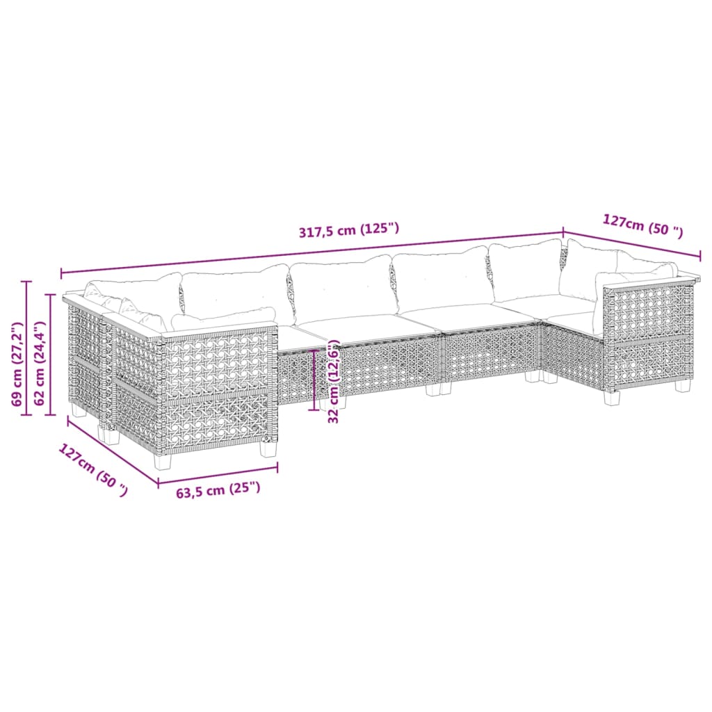 7 pcs conjunto sofás p/ jardim c/ almofadões vime PE cinzento