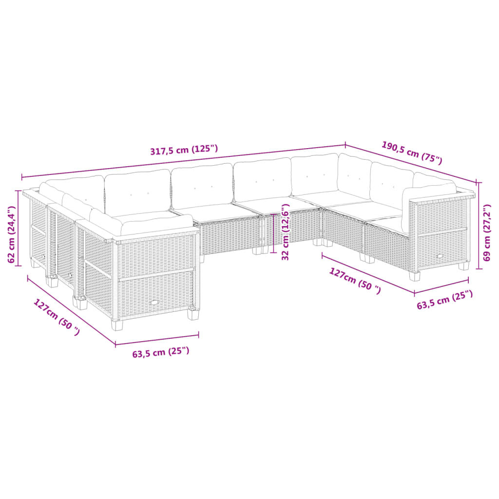 9 pcs conjunto de sofás p/ jardim c/ almofadões vime PE preto