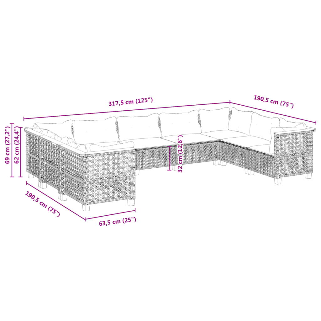 9 pcs conjunto sofás p/ jardim com almofadões vime PE cinzento