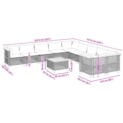 11 pcs conjunto sofás de jardim c/ almofadões vime PE preto