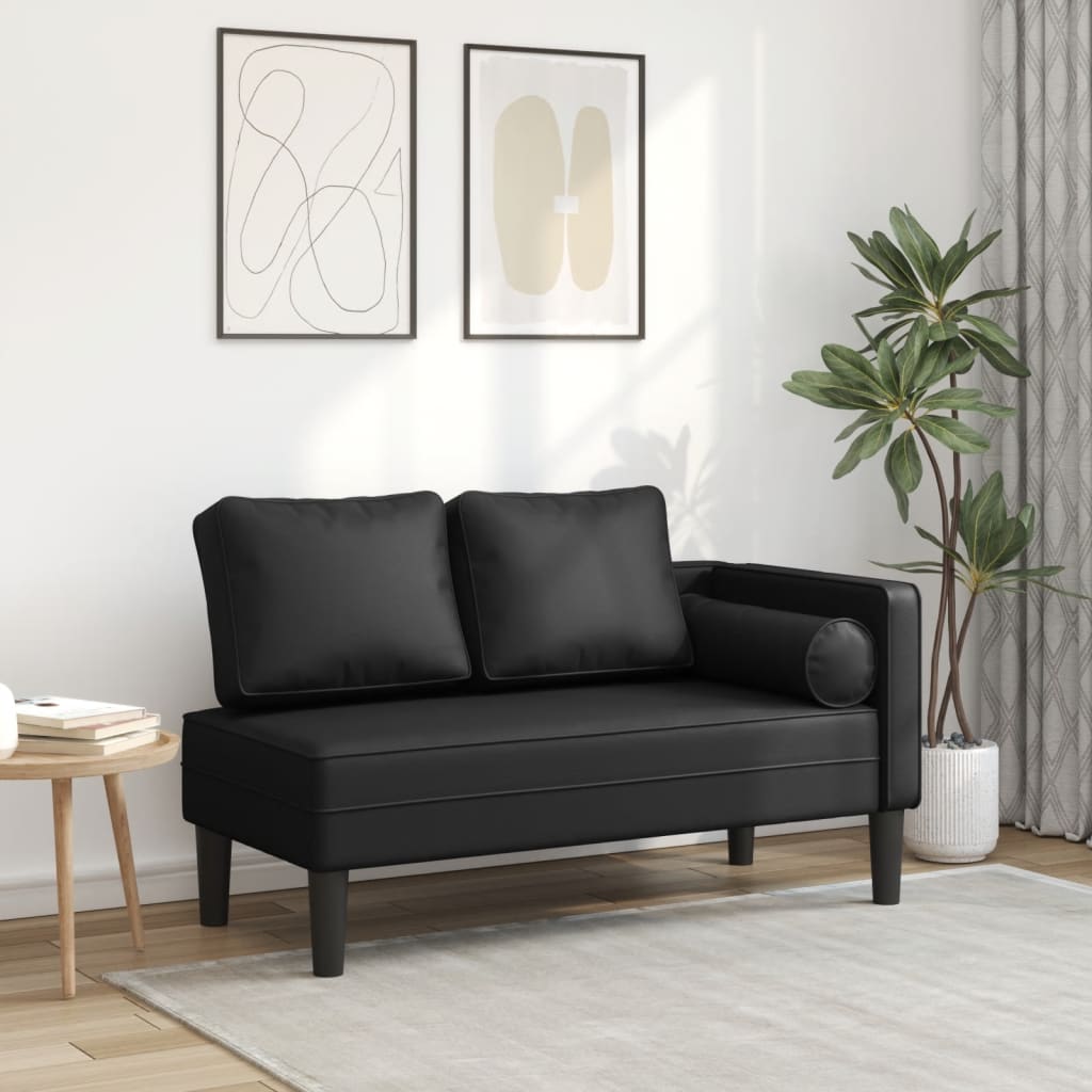 Chaise longue com almofadões couro artificial preto