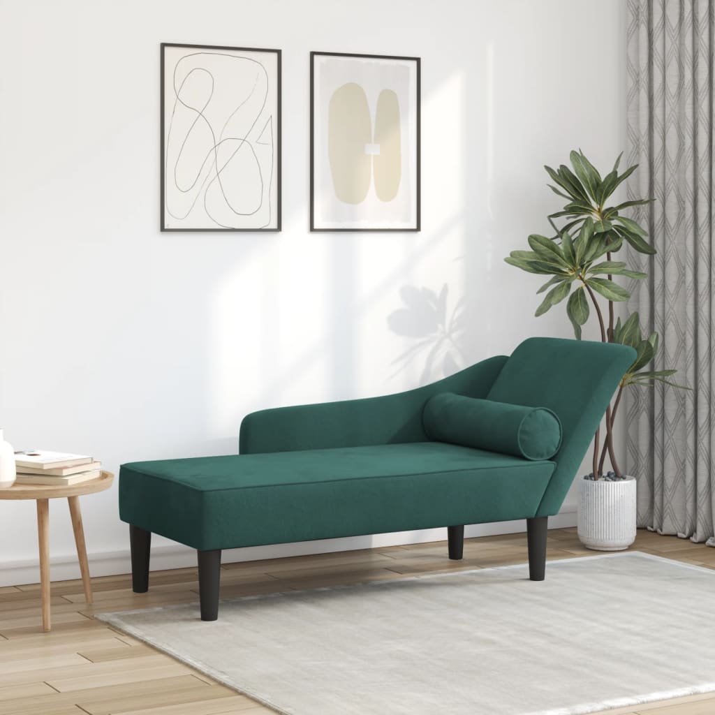 Chaise longue com almofadões veludo verde-escuro