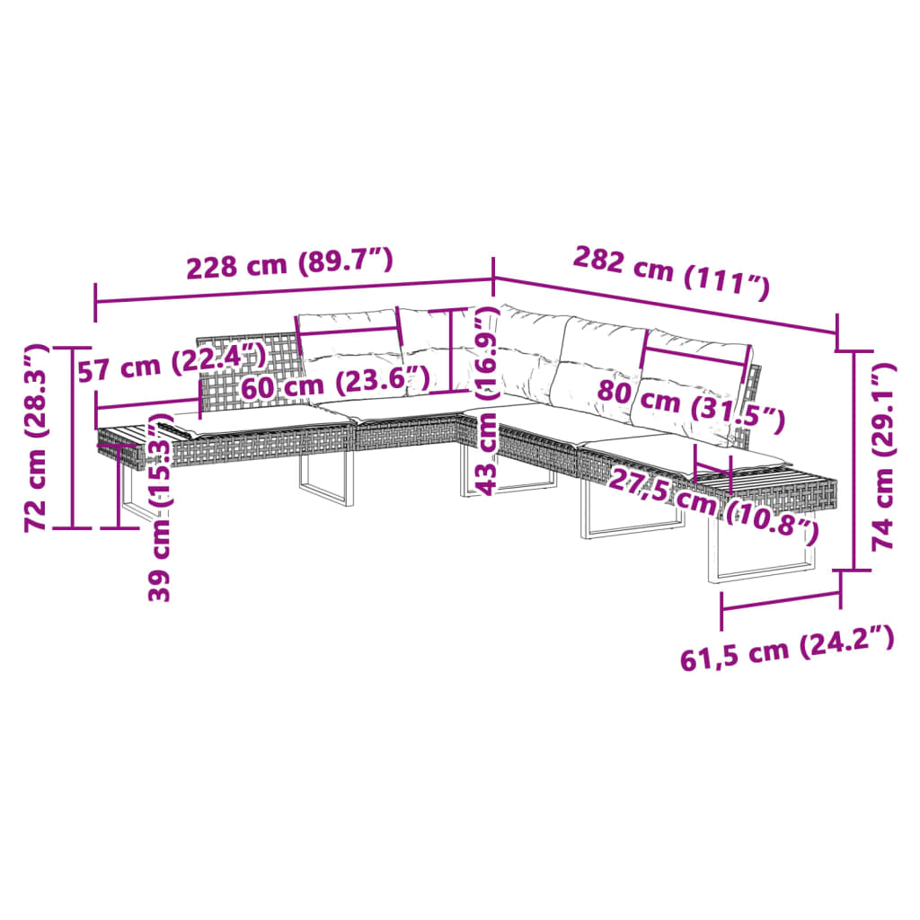 2 pcs conj. sofás p/ jardim c/ almofadões vime PE e vidro cinza