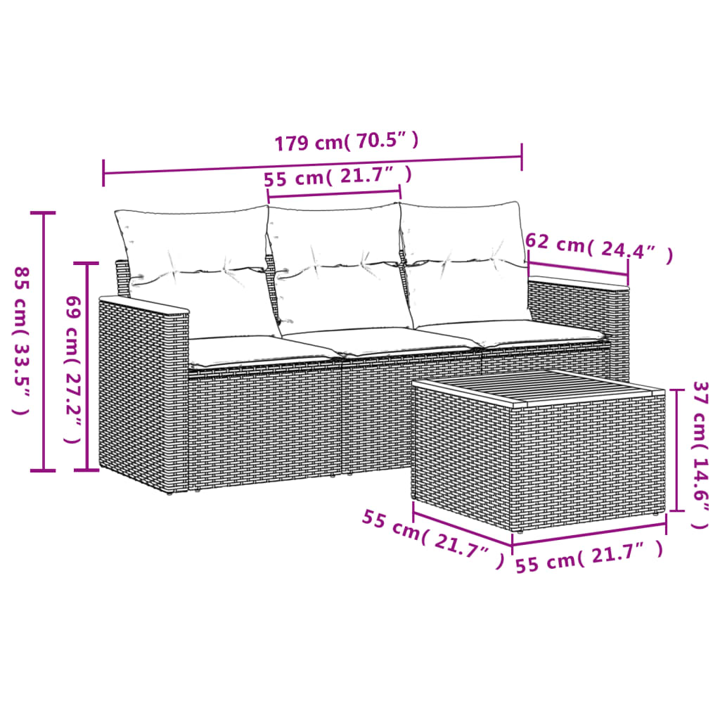 4 pcs conjunto sofás de jardim c/ almofadões vime PE cinzento