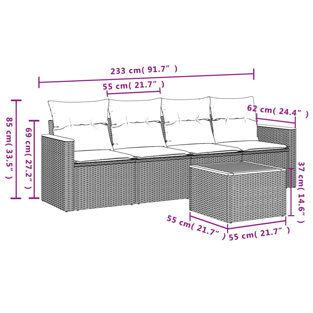 5 pcs conjunto sofás de jardim c/ almofadões vime PE cinzento