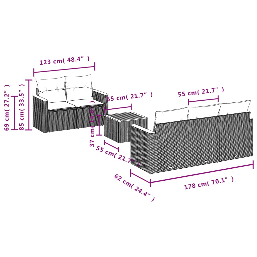 6 pcs conjunto sofás de jardim c/ almofadões vime PE preto