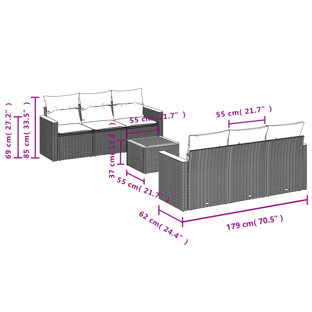 7 pcs conjunto de sofás p/ jardim c/ almofadões vime PE preto