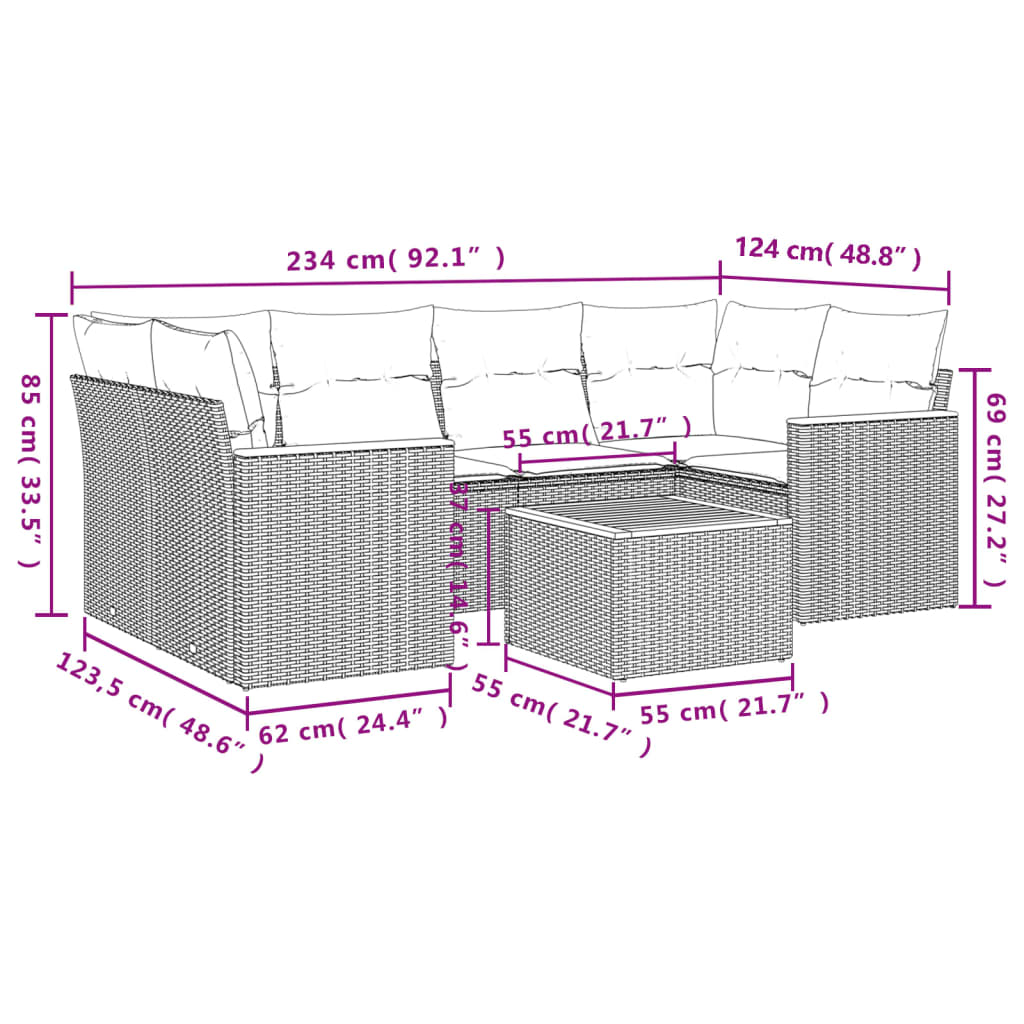 7 pcs conjunto sofás p/ jardim c/ almofadões vime PE cinzento