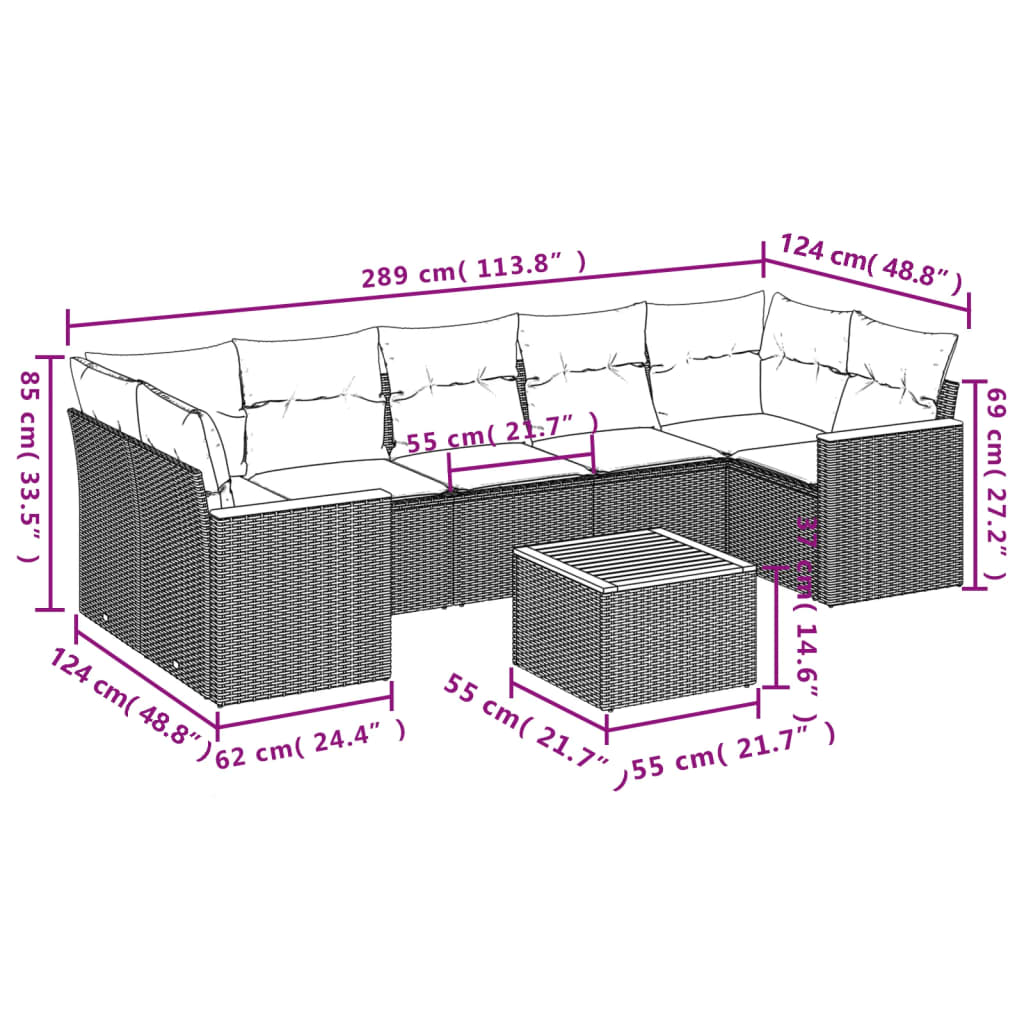 8 pcs conjunto sofás de jardim com almofadões vime PE preto