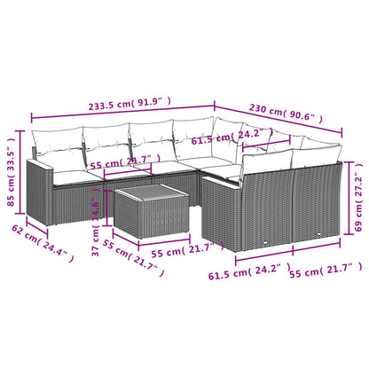 9 pcs conjunto sofás p/ jardim com almofadões vime PE cinzento