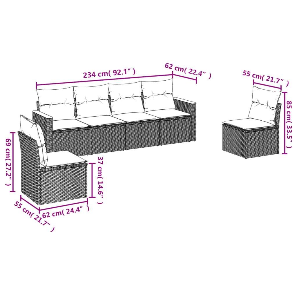 6 pcs conjunto sofás de jardim com almofadões vime cinzento