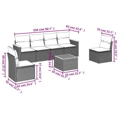 7 pcs conjunto sofás p/ jardim c/ almofadões vime PE cinzento