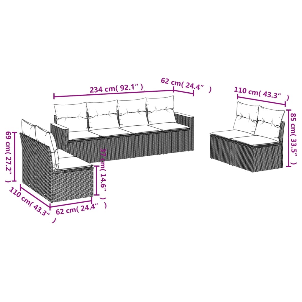 8 pcs conjunto sofás de jardim com almofadões vime PE preto