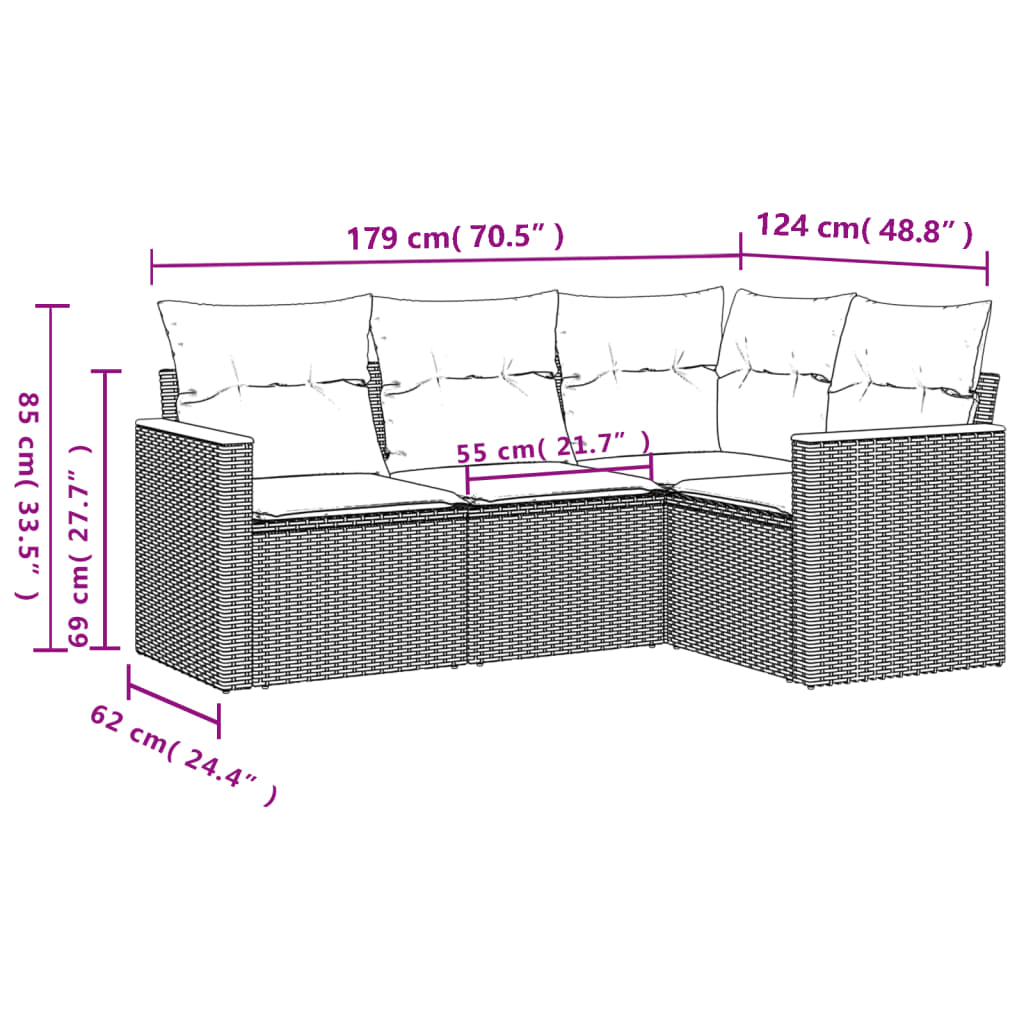 4 pcs conjunto de sofás para jardim c/ almofadões vime PE preto