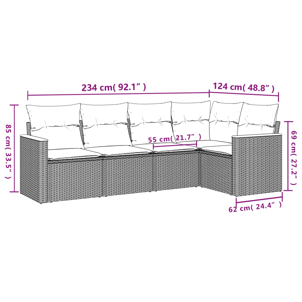 5 pcs conjunto de sofás p/ jardim com almofadões vime PE bege