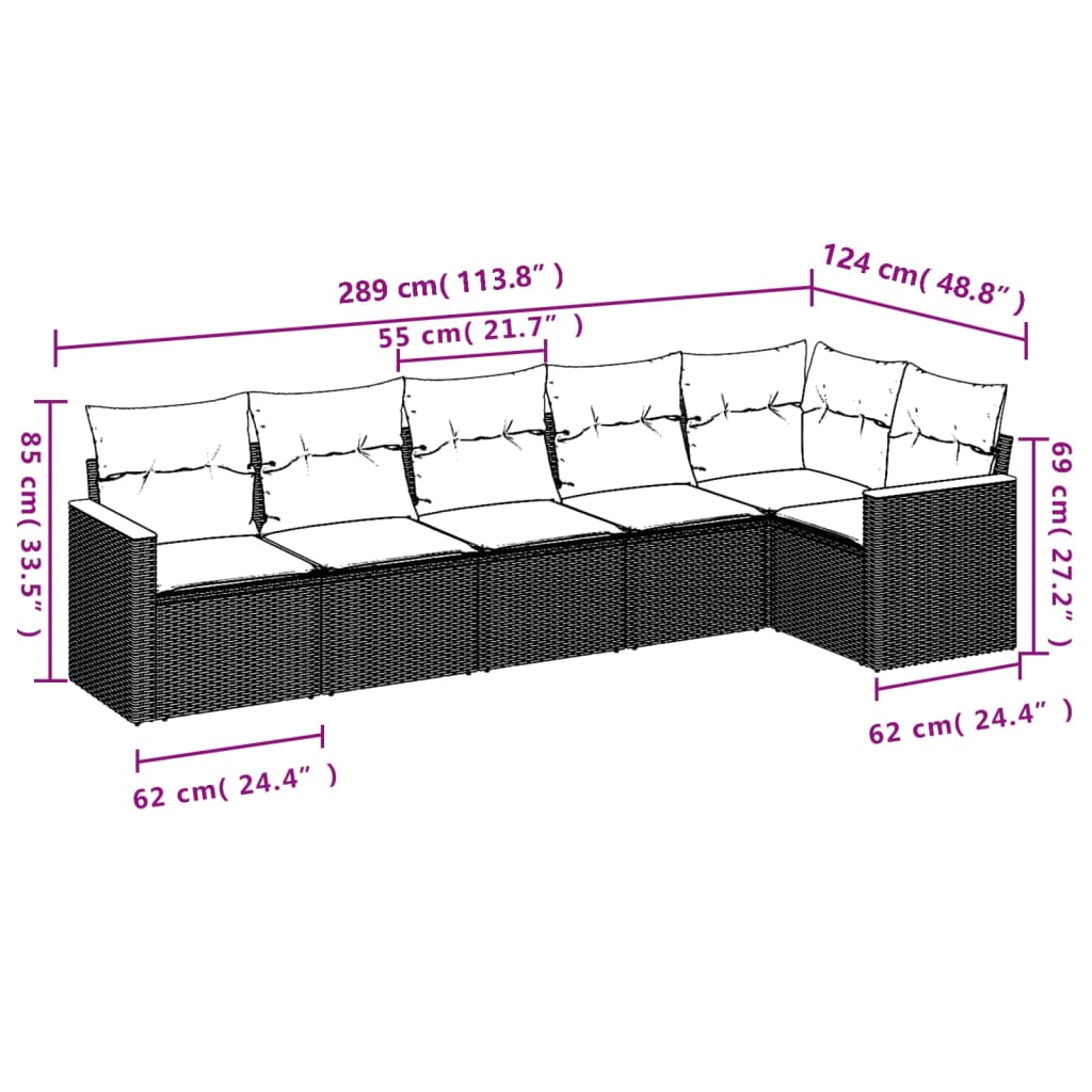 6 pcs conjunto sofás de jardim com almofadões vime cinzento