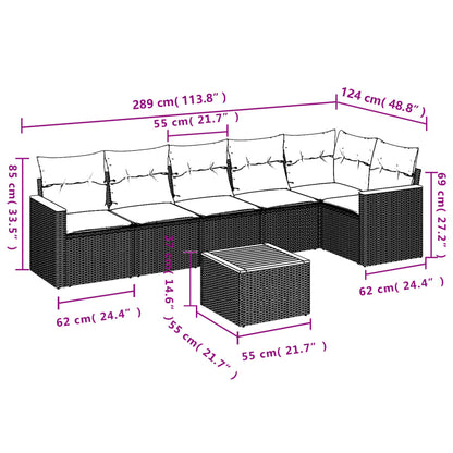 7 pcs conjunto de sofás p/ jardim c/ almofadões vime PE preto