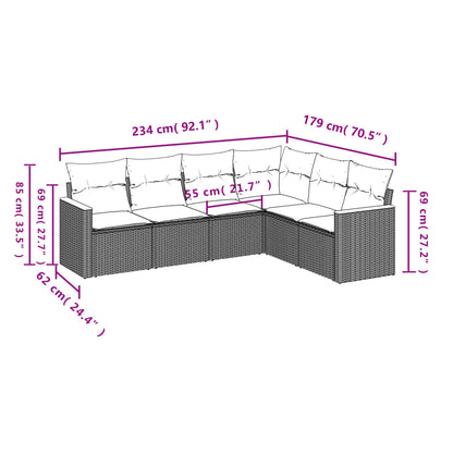 6 pcs conjunto de sofás p/ jardim com almofadões vime PE bege