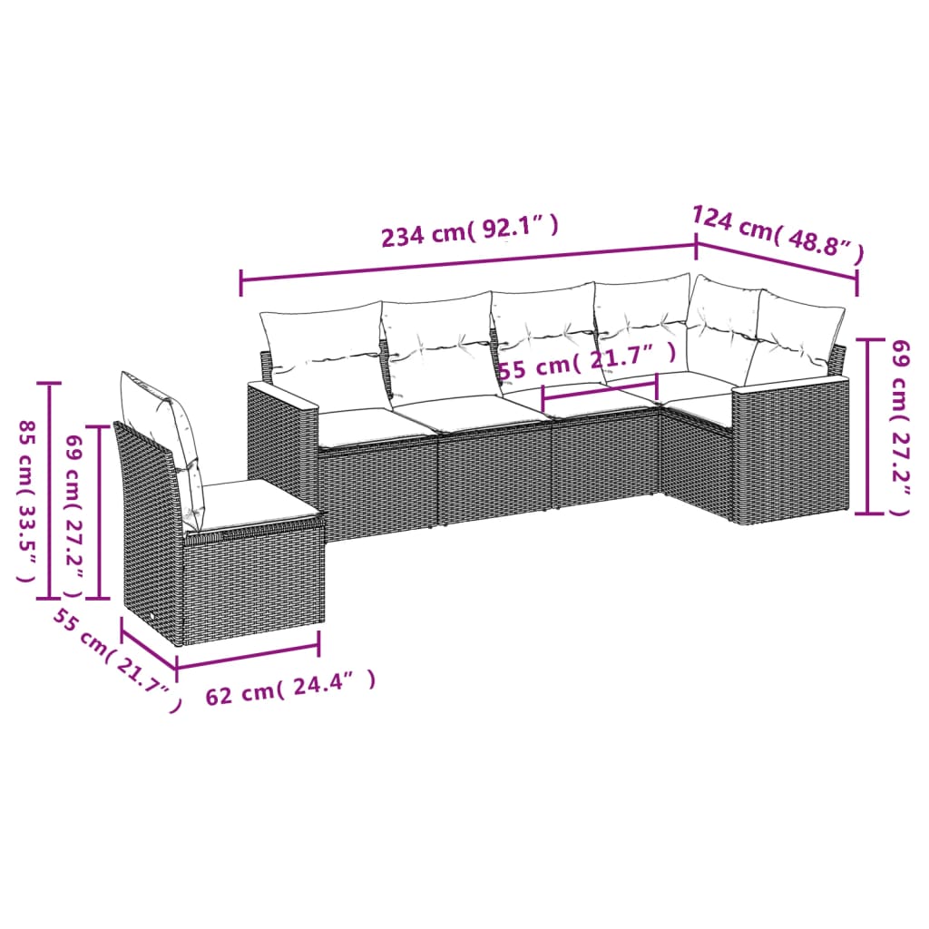 6 pcs conjunto de sofás p/ jardim com almofadões vime PE bege