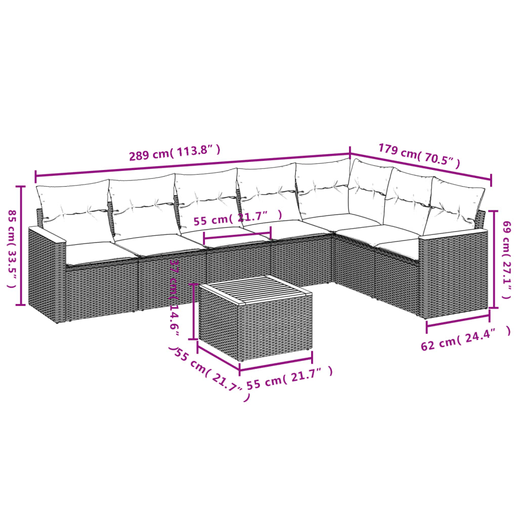 8 pcs conjunto sofás de jardim com almofadões vime PE preto