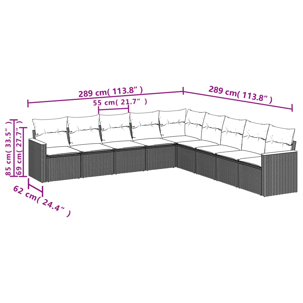 9 pcs conjunto de sofás p/ jardim com almofadões vime PE bege