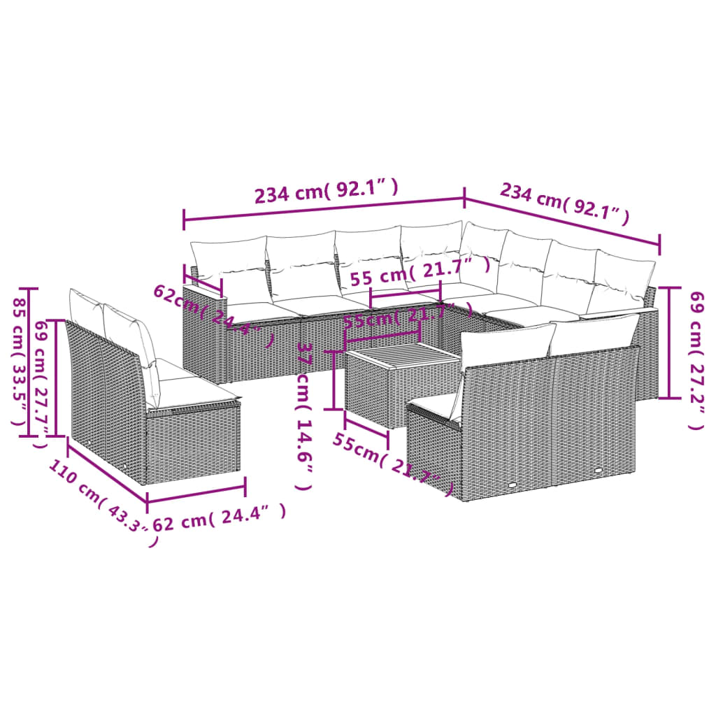 12 pcs conjunto de sofás de jardim c/ almofadões vime PE preto