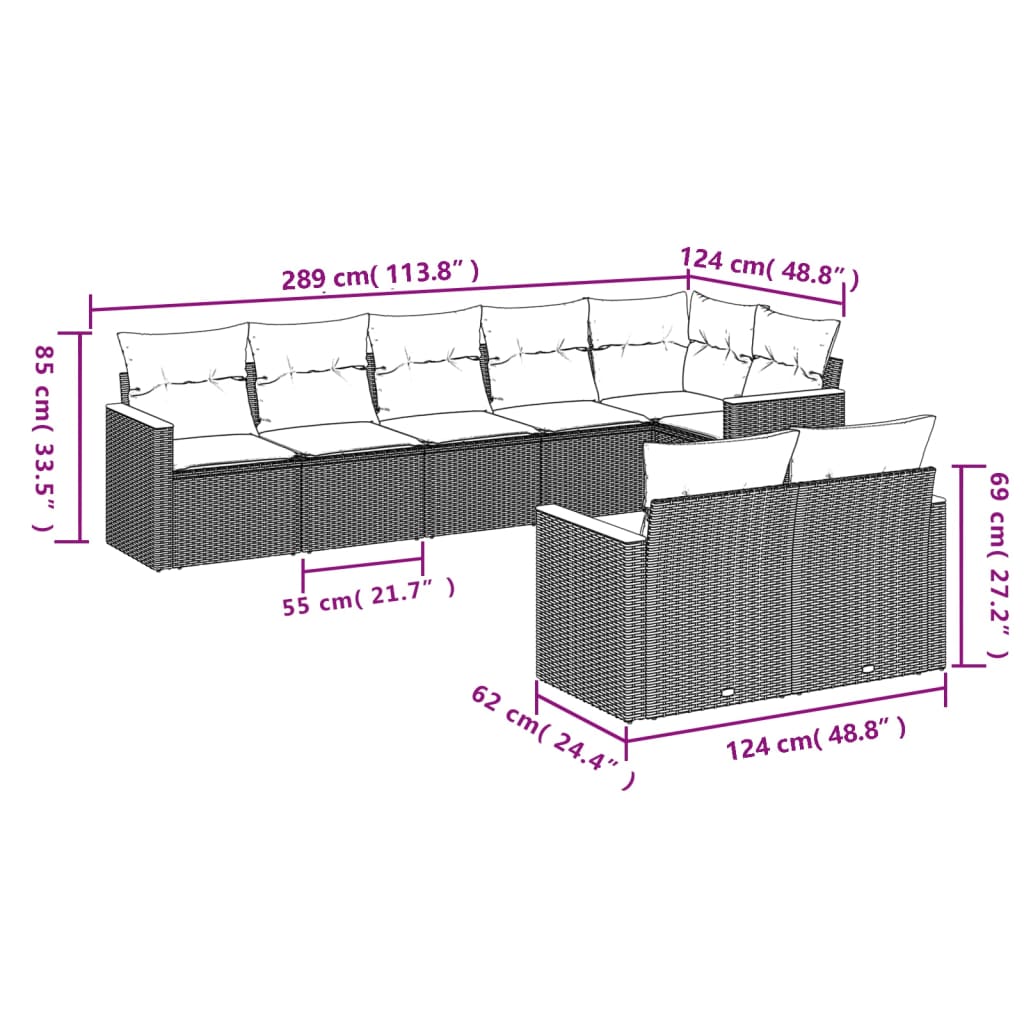 8 pcs conjunto de sofás p/ jardim com almofadões vime PE bege