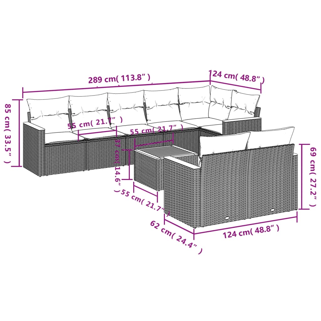 9 pcs conjunto de sofás p/ jardim c/ almofadões vime PE preto