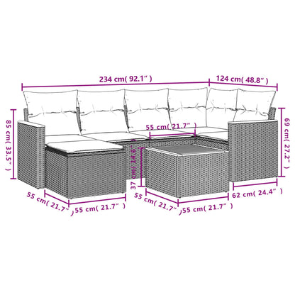 7 pcs conjunto de sofás p/ jardim c/ almofadões vime PE preto