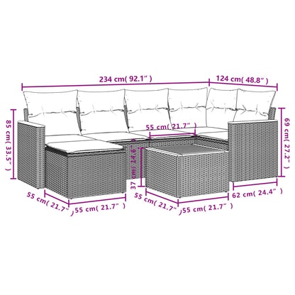 7 pcs conjunto sofás p/ jardim c/ almofadões vime PE cinzento