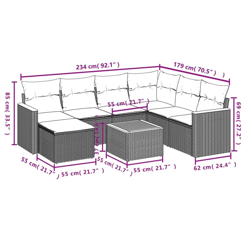 8 pcs conjunto sofás de jardim com almofadões vime PE preto